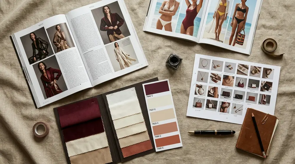 Editorial flat lay of magazine layouts, fabric swatches and color studies