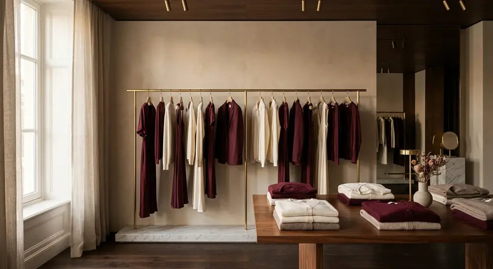 Maison Iego Couture burgundy and ivory display