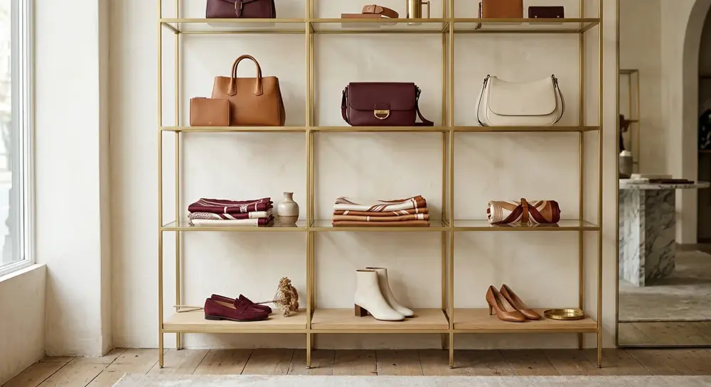 Maison Iego Couture gold shelving boutique wall